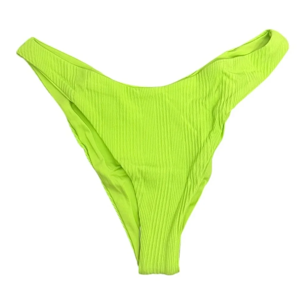 L*SPACE Cucumber Green Cabana Bikini Bottom Ribbed High-Leg Large L NWT‎